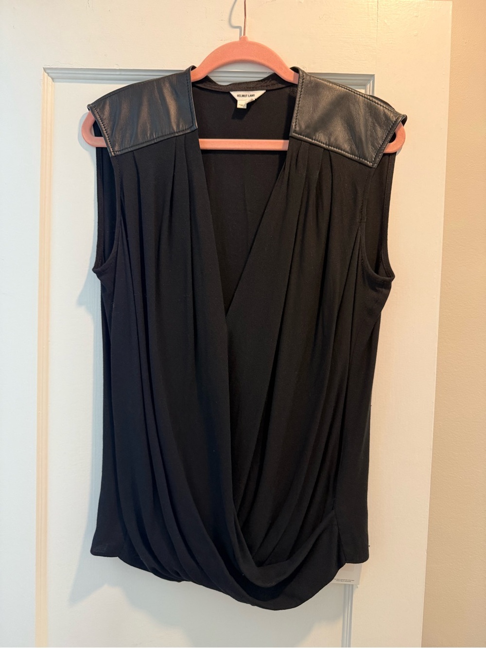 Helmut Lang Black Draped Sleeveless Camisole with Faux Leather Shoulders - M